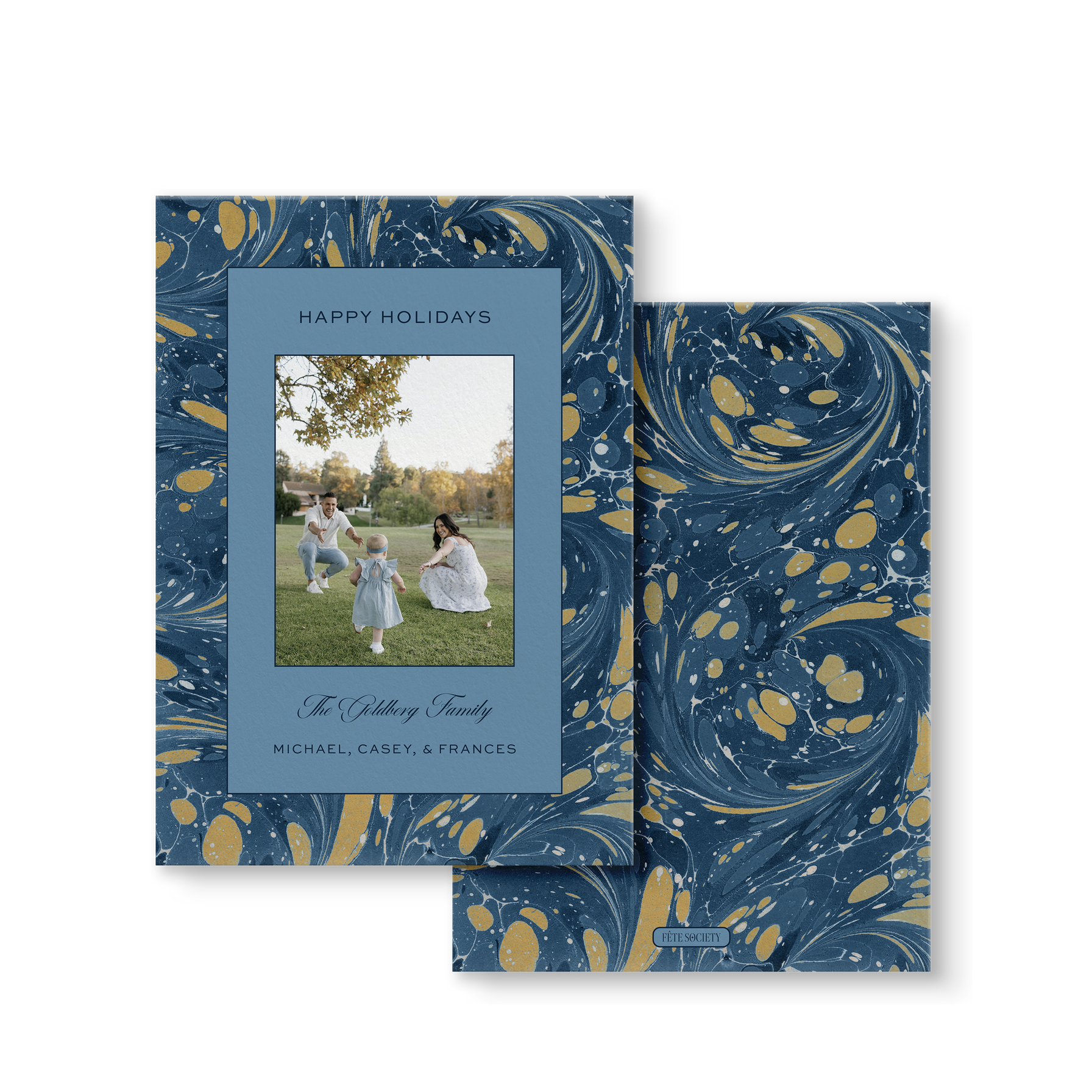 Vintage Blue Marble Holiday Card front and back
