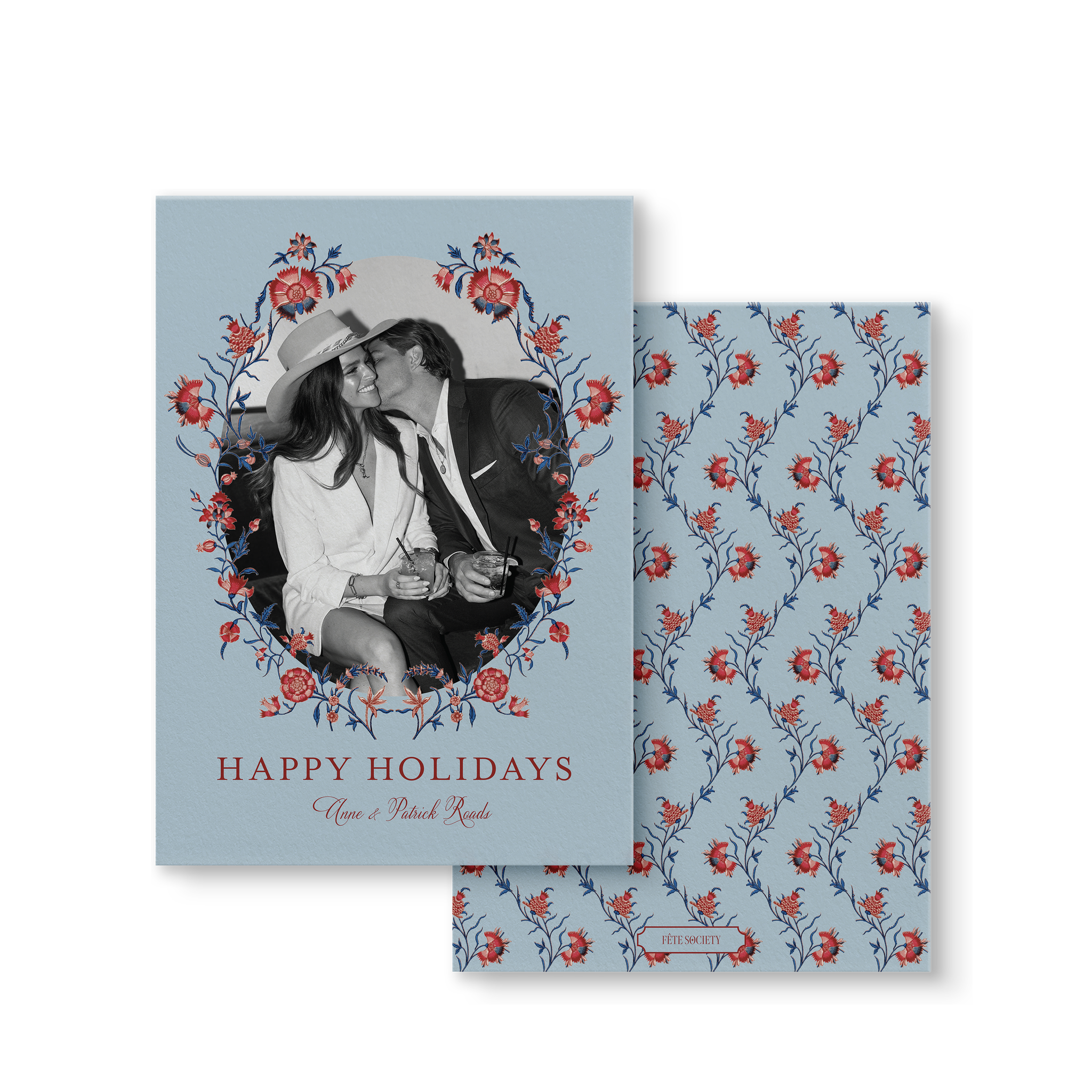 Blue Floral Vine Holiday Card front and back