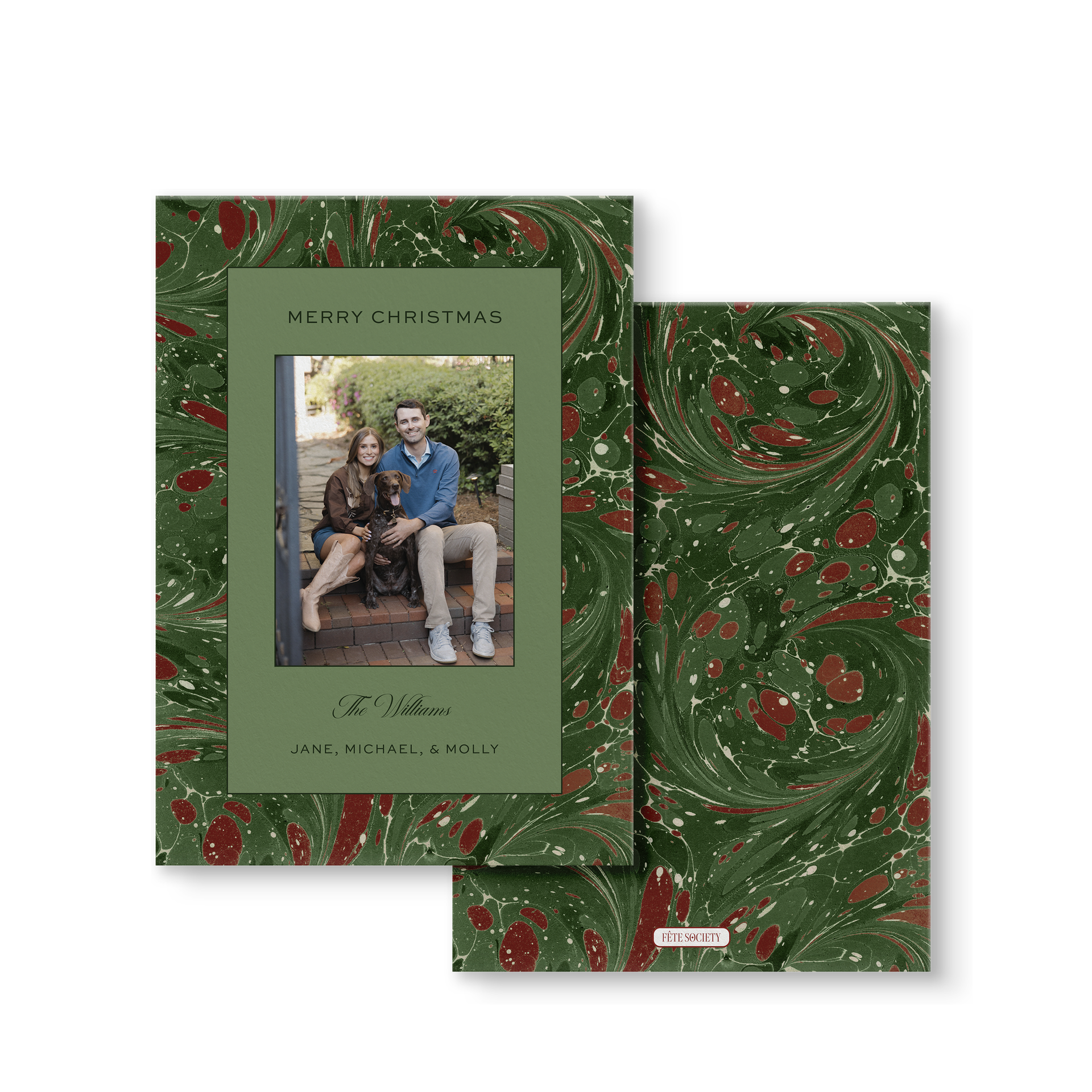 Vintage Green Marble Holiday Card front and back