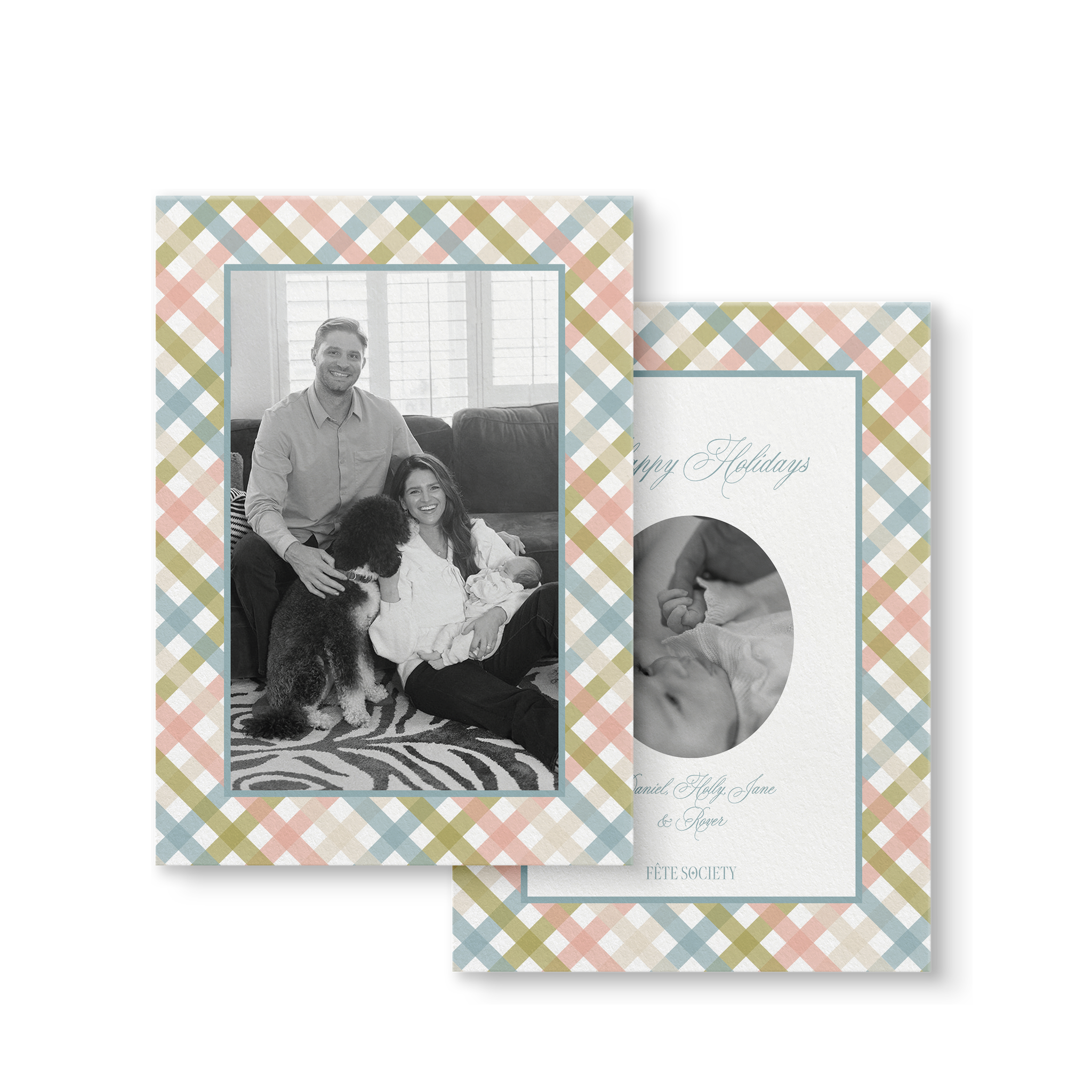 Chartreuse & Pink Gingham Holiday Card front and back