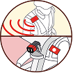 Two-part illustration showing a person wearing a headset with red sound waves directed toward the mouth and a person wearing a device on their arm emitting red signals, indicating communication or monitoring via wireless technology.