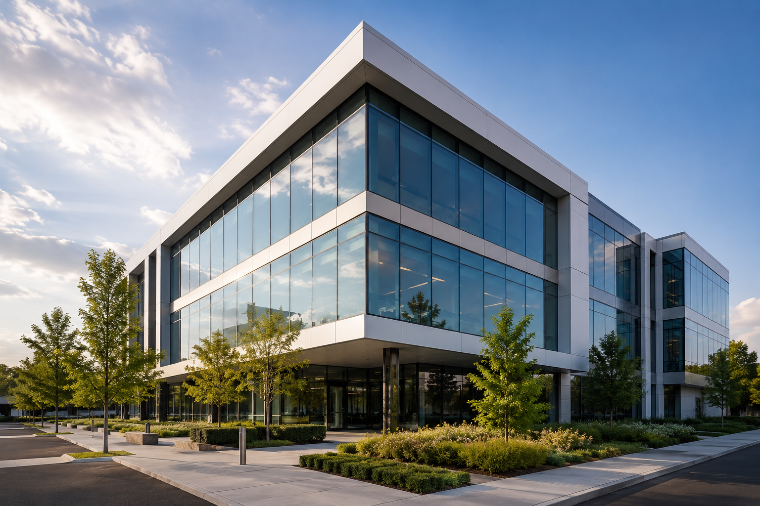 Modern commercial office building with a glass facade and landscaped entrance