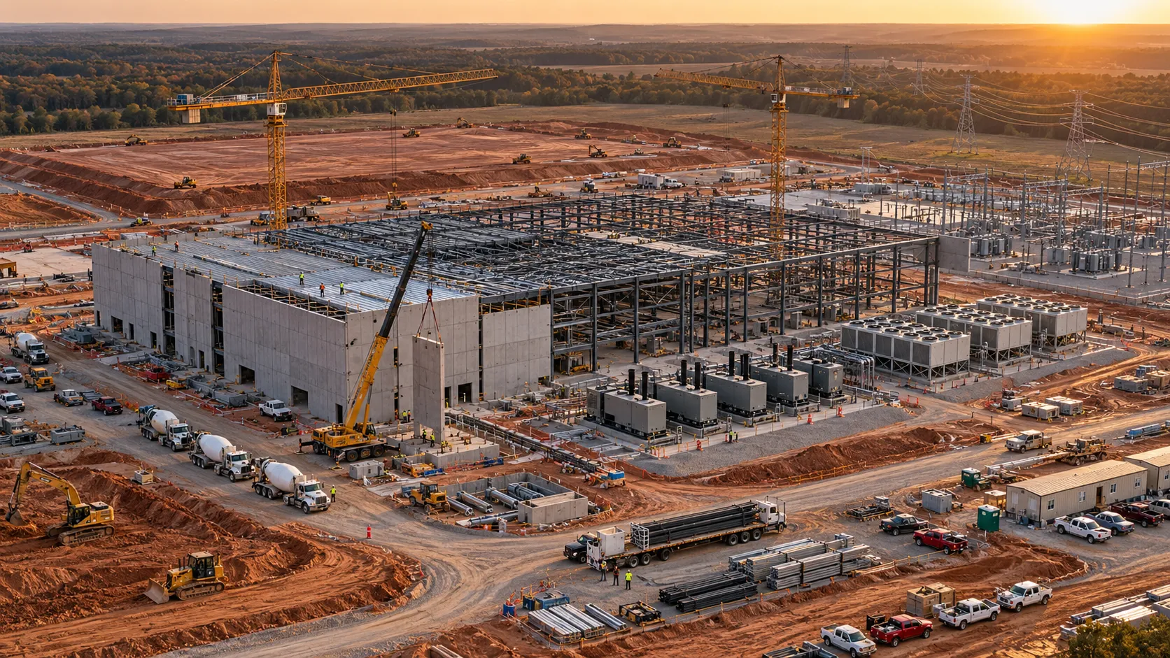 Aerial view of a data center campus under construction at sunset, with tower cranes, a partially built concrete and steel building, backup generators, cooling units and a new electrical substation.