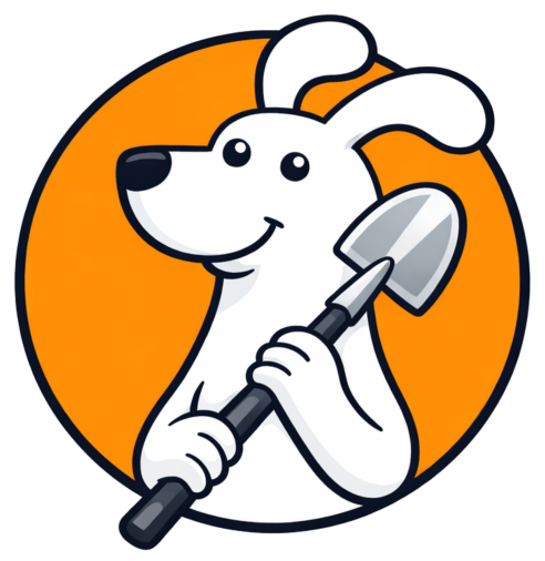 Scoop Snoop dog mascot holding a scoop in front of an orange circle.