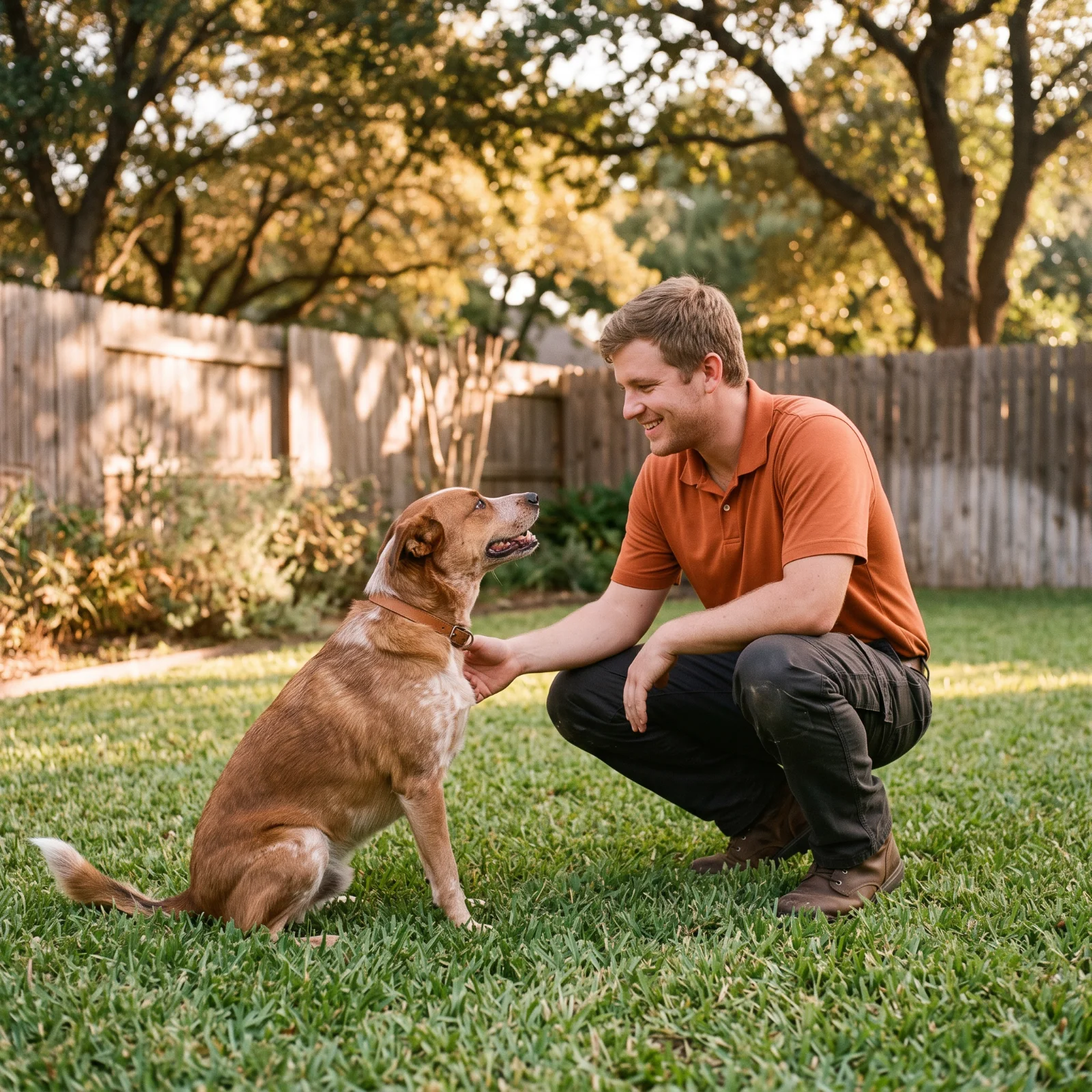 Scoop Snoop technician kneeling to greet a dog in a fenced Spring, TX backyard