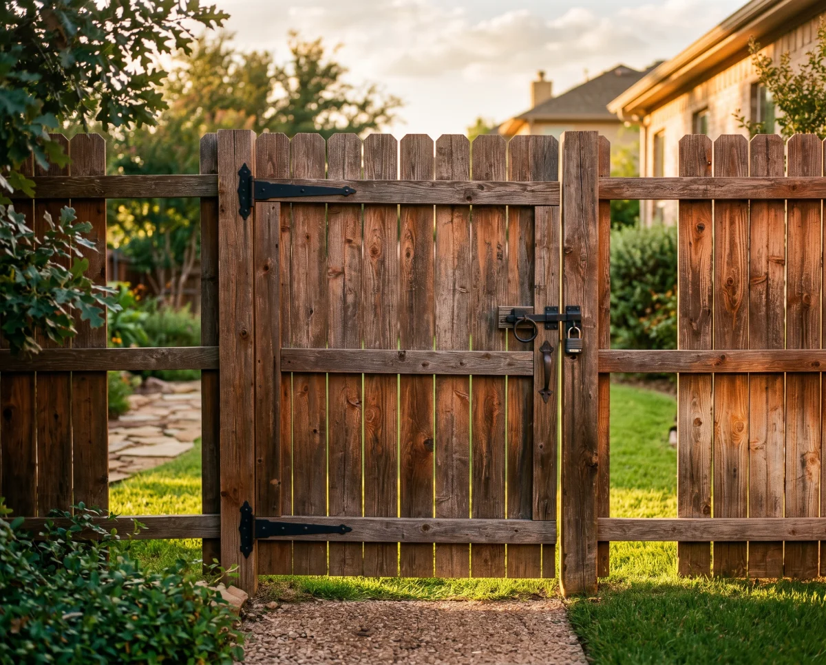 Latched wooden backyard gate photographed as gate-photo proof after a Scoop Snoop visit