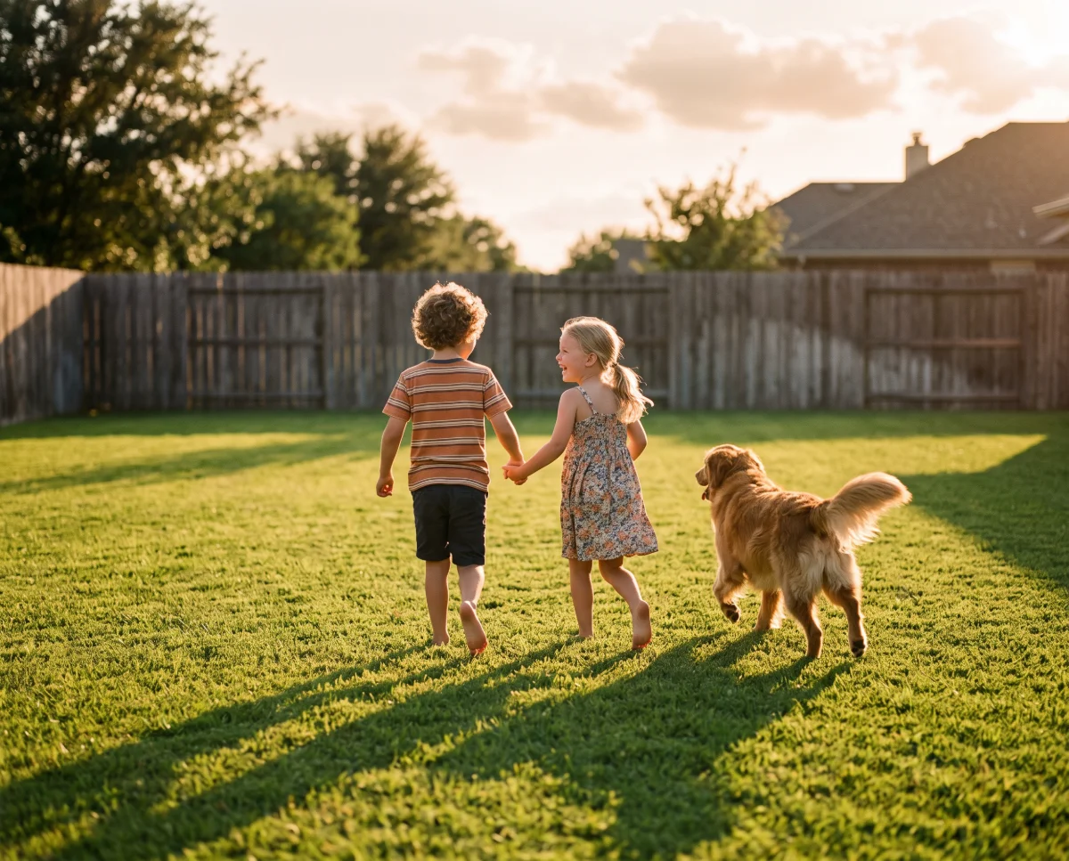 Children and their dog playing on a clean backyard lawn in Spring, TX