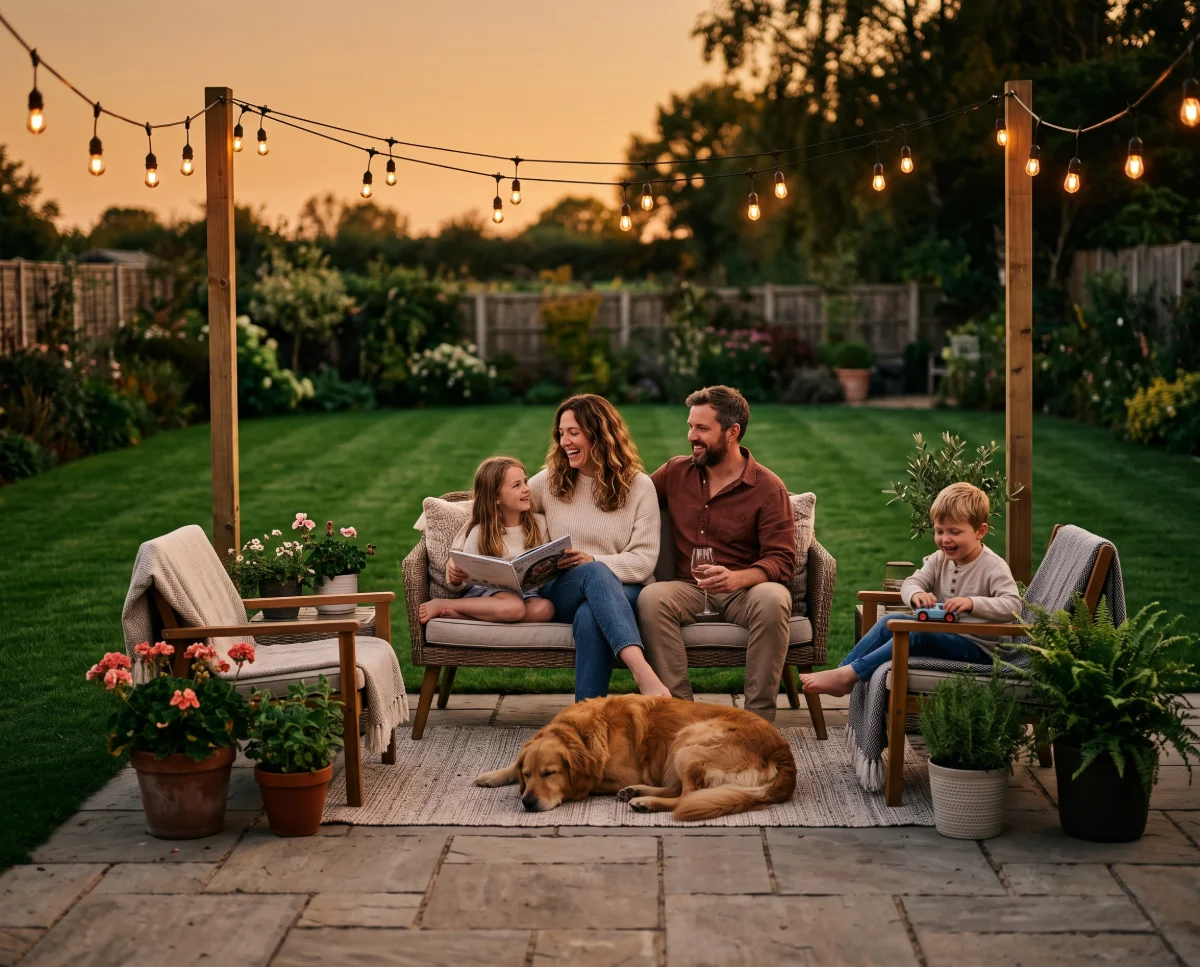 Family relaxing on a back patio at dusk with their dog in a poop-free yard