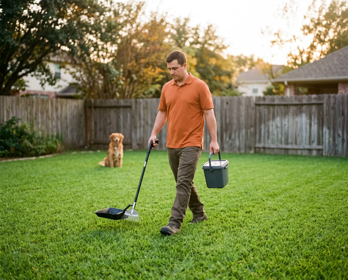 Scoop Snoop technician scooping dog waste from a healthy green backyard lawn with a long-handled pooper scooper