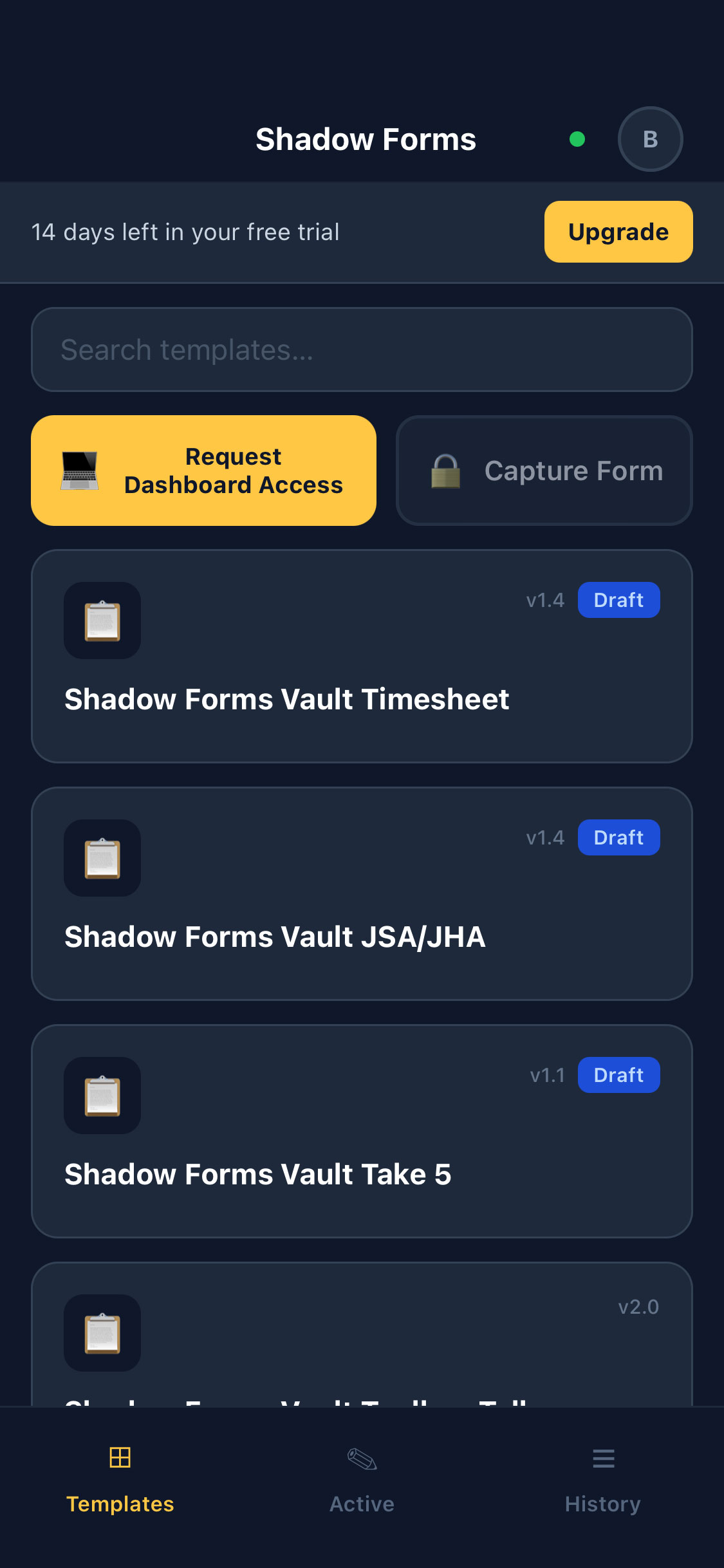 Shadow Forms app history screen showing submitted forms