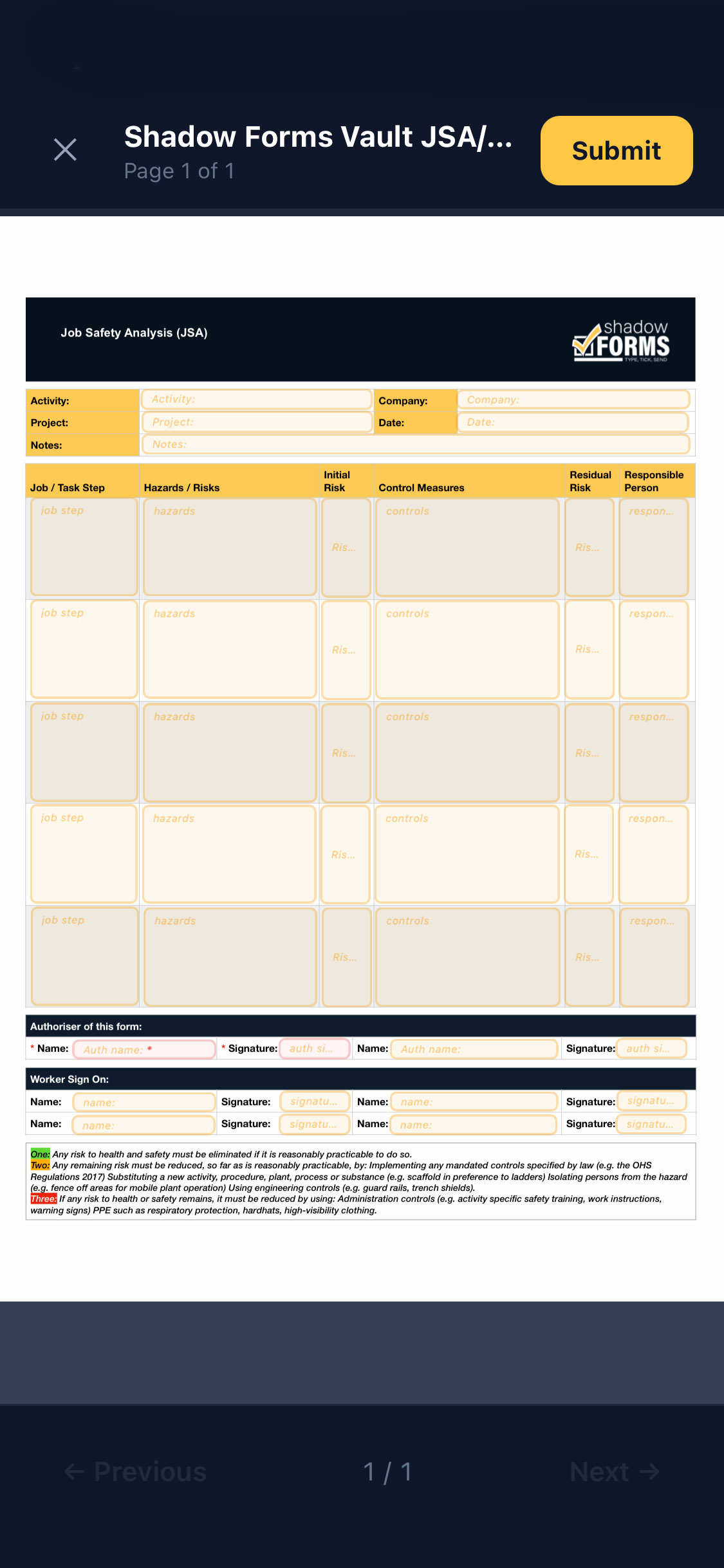 Shadow Forms app timesheet form