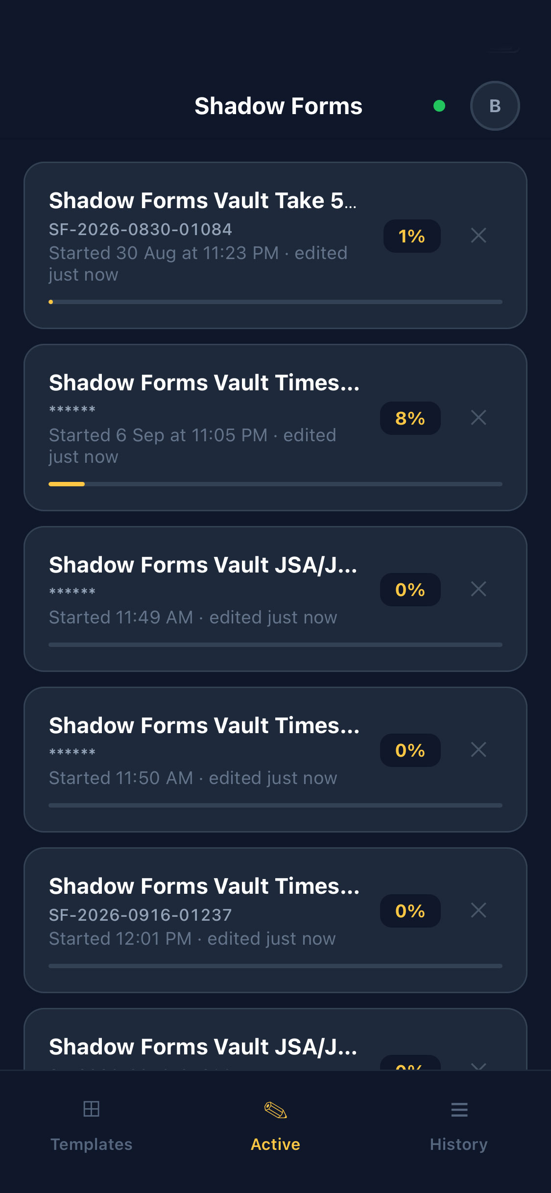 Shadow Forms app templates list screen