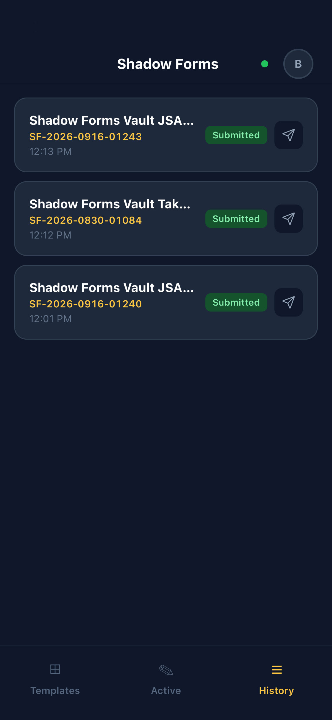 Shadow Forms app active forms screen