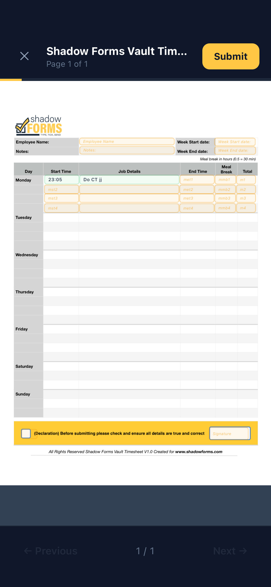 Shadow Forms app demo form completion screen