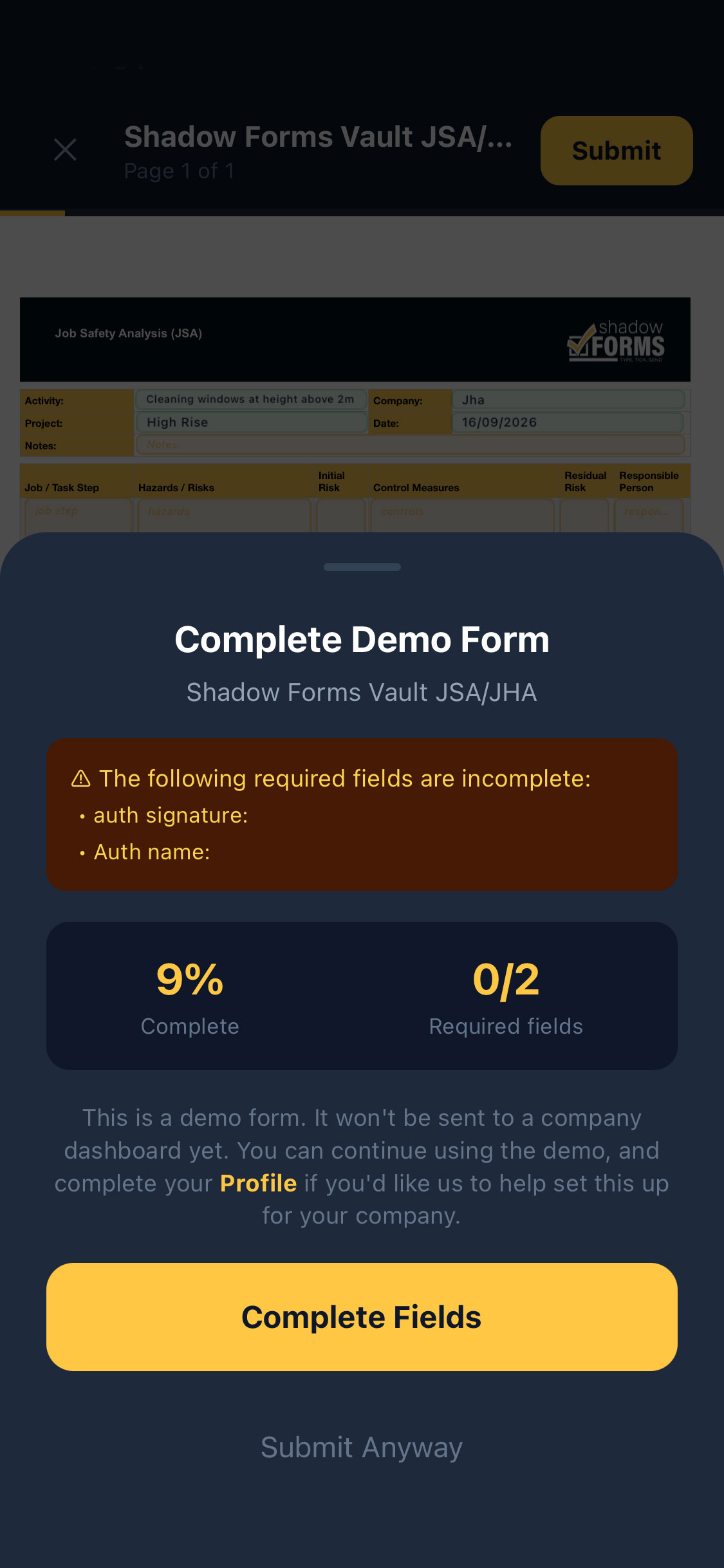 Shadow Forms app JSA/JHA form