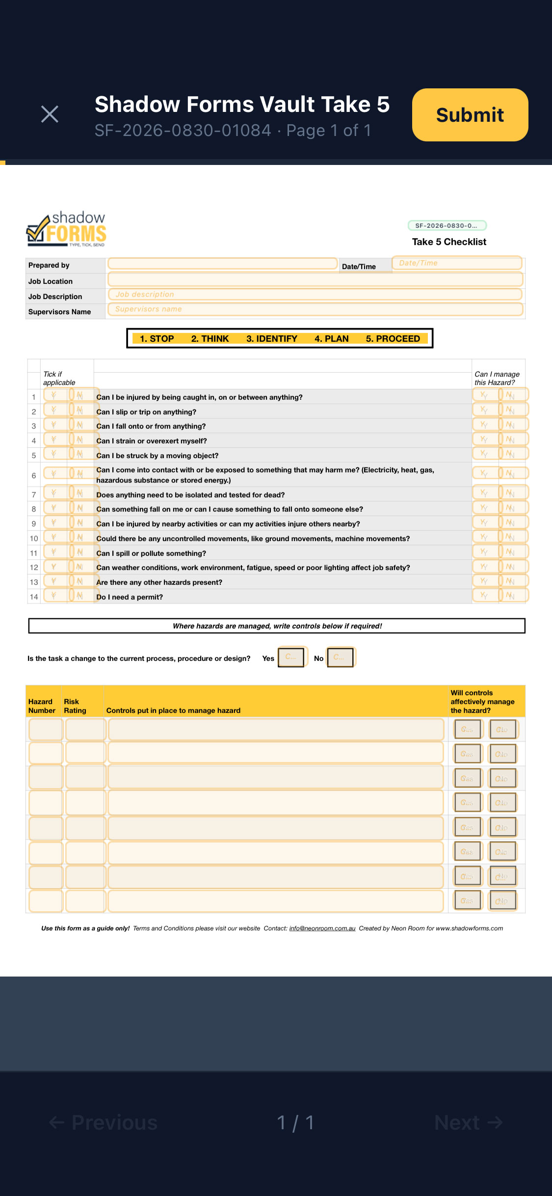 Shadow Forms app Take 5 checklist