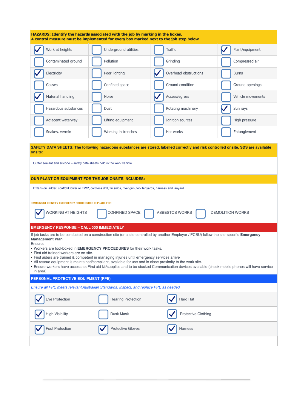 Page 2 of the Shadow Forms free SWMS template filled in as a working at heights example: hazards, plant, emergency procedures and PPE