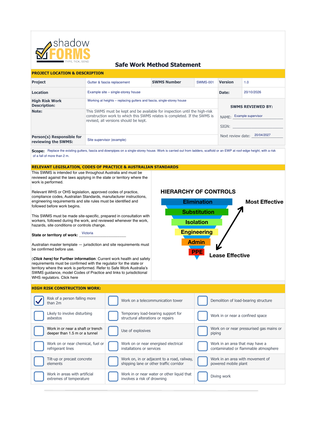 Page 1 of the Shadow Forms free SWMS template filled in as a working at heights example: project details, scope and high risk work checkboxes