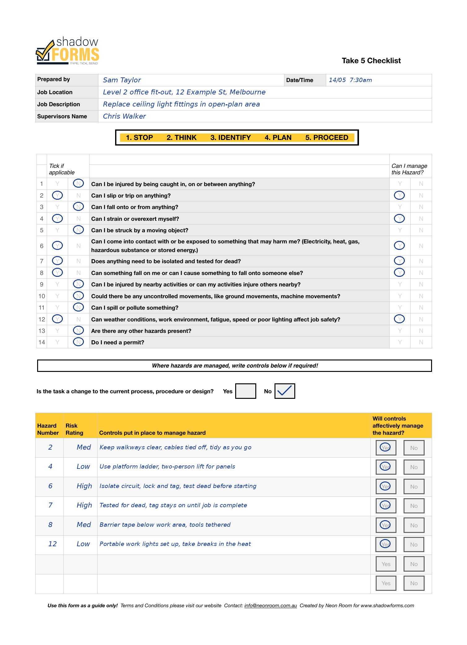 Shadow Forms free Take 5 checklist filled in as an example for replacing ceiling light fittings in an office, showing job details, hazard questions answered Yes or No, and the controls table