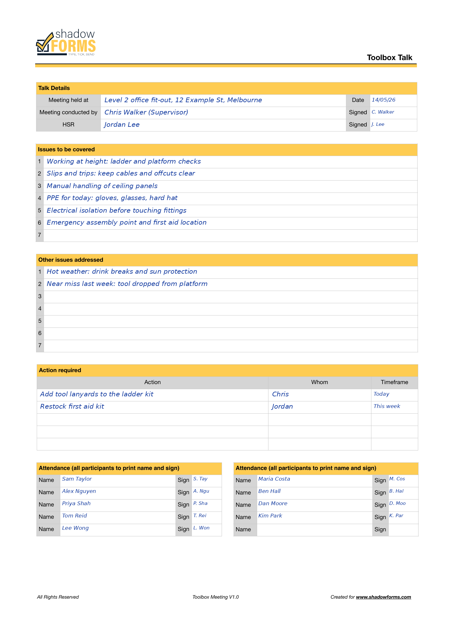 Shadow Forms free toolbox talk template filled in as an example for a fictional office fit-out, showing talk details, issues covered, actions and attendance