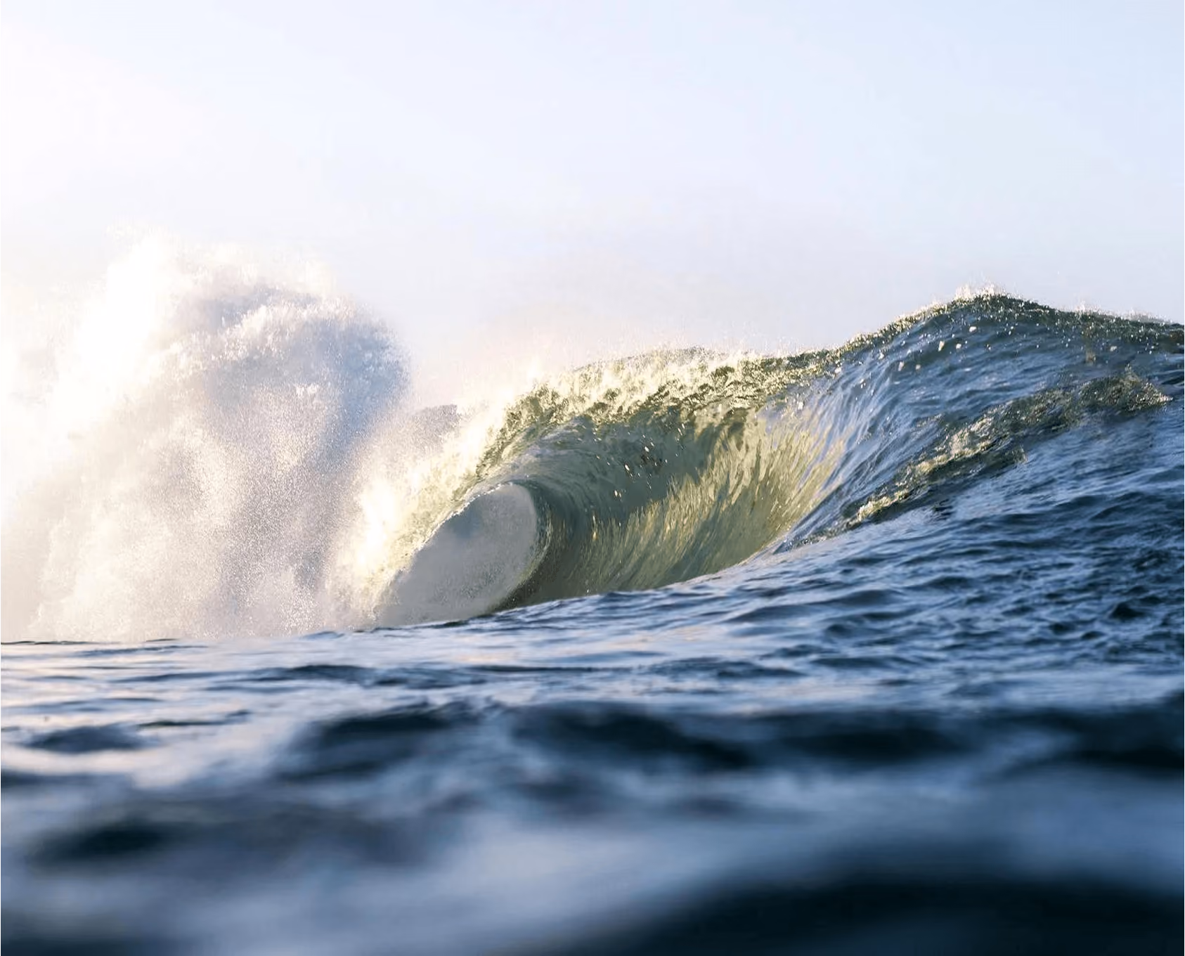 Ocean wave curling and crashing with sunlight shining through the water.