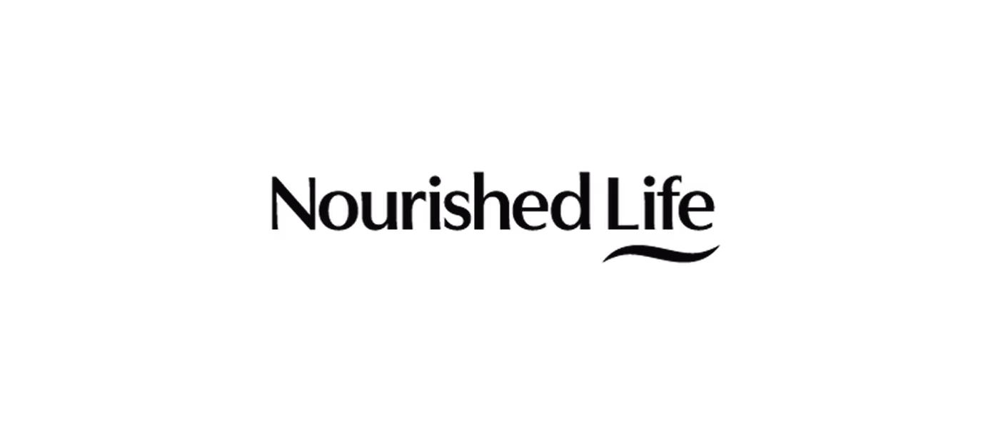 Nourished Life brand name in dark simple font on a black background.