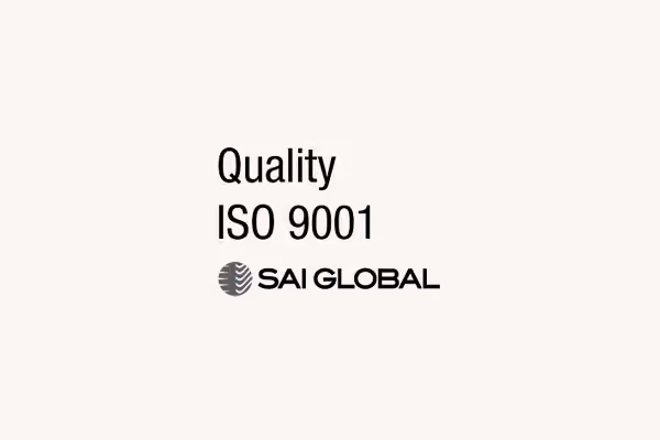 Quality ISO 9001 text with SAI Global logo beneath on a light background.