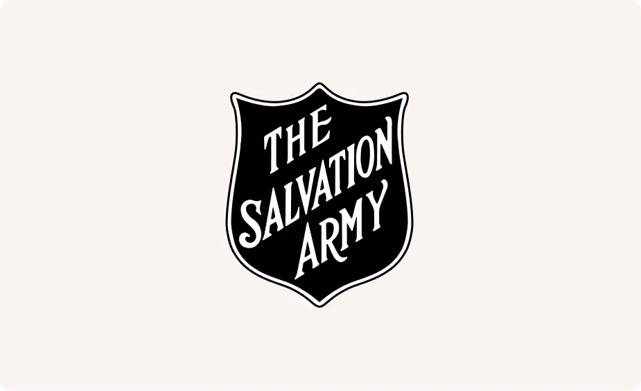 Black and white shield with the words The Salvation Army inside.