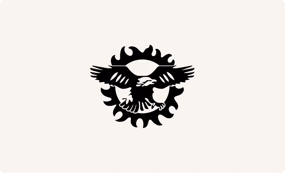 Black eagle with outstretched wings inside a circular sunburst design on a white background.