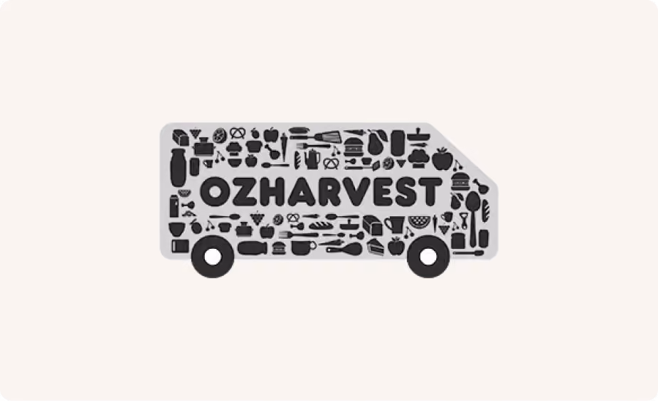 Delivery truck shape filled with black food icons and the word OZHARVEST in bold letters.