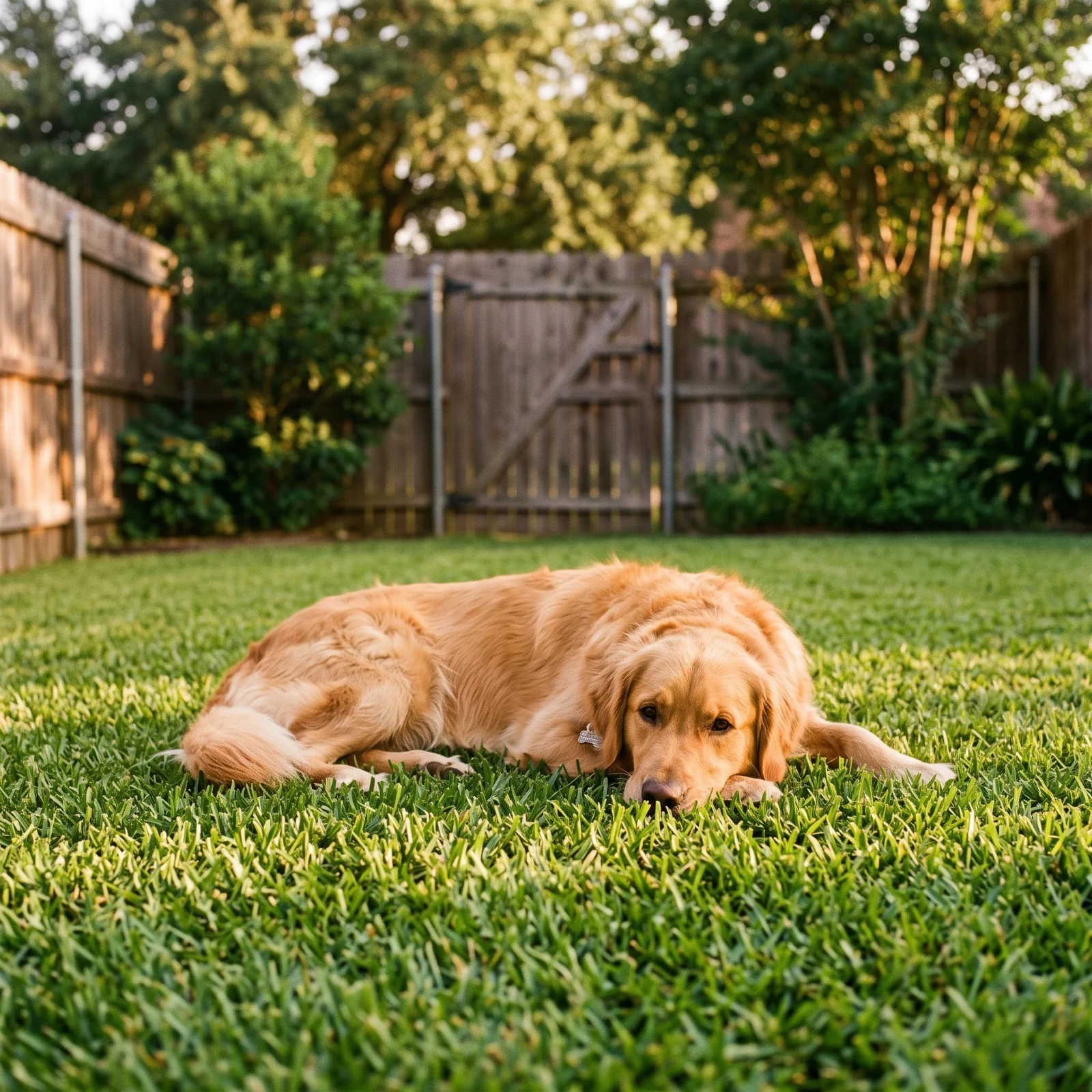 Golden retriever resting on a spotless lawn kept clean by weekly dog waste removal in north Houston