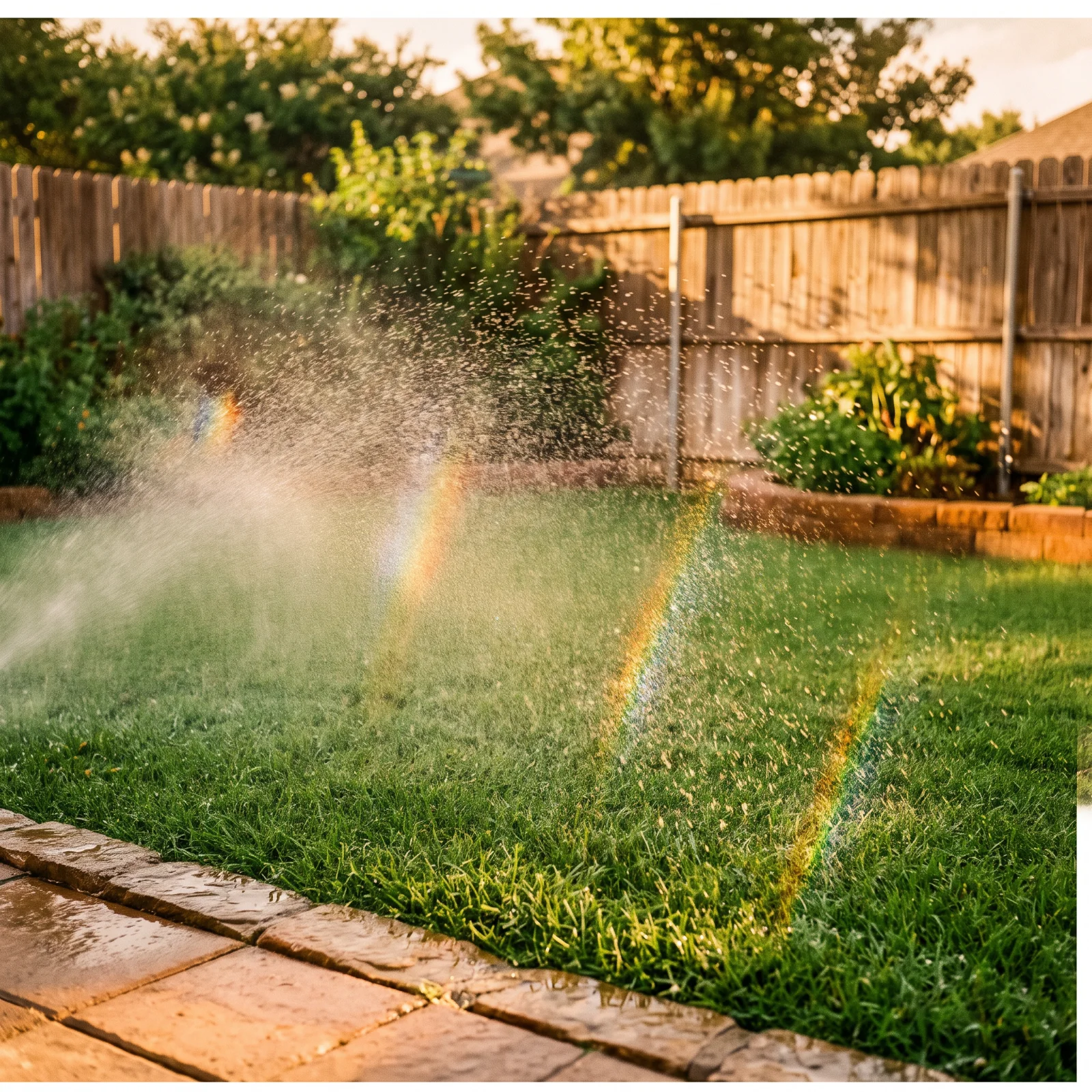 Sanitizing mist catching sunlight over fresh green turf during a yard deodorizing treatment