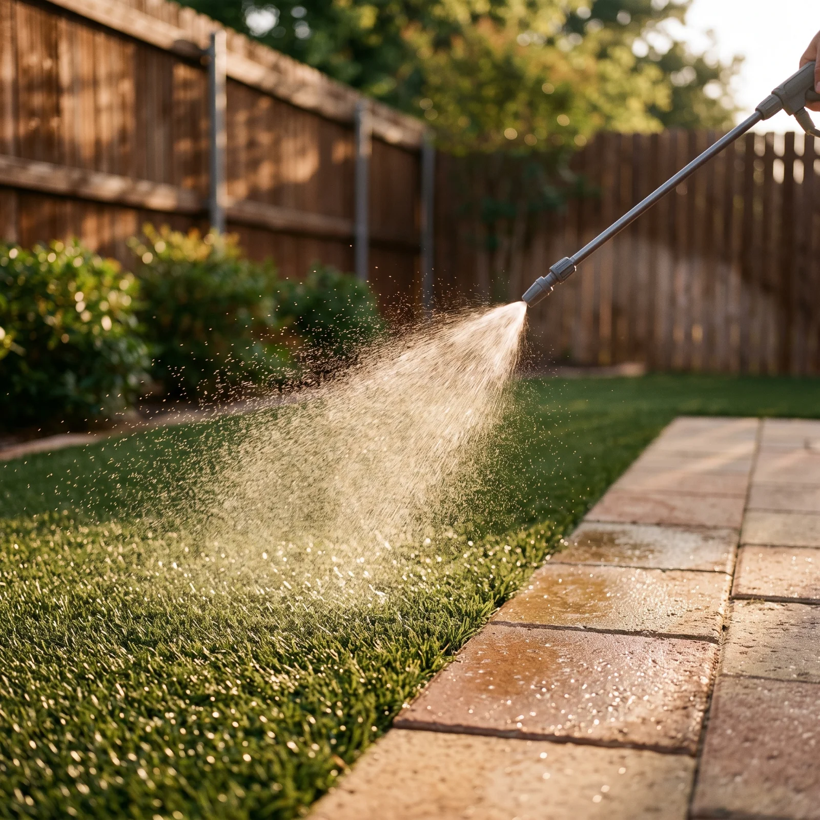 Kennel-grade deodorizer being applied to turf and patio pavers in a fenced north Houston backyard