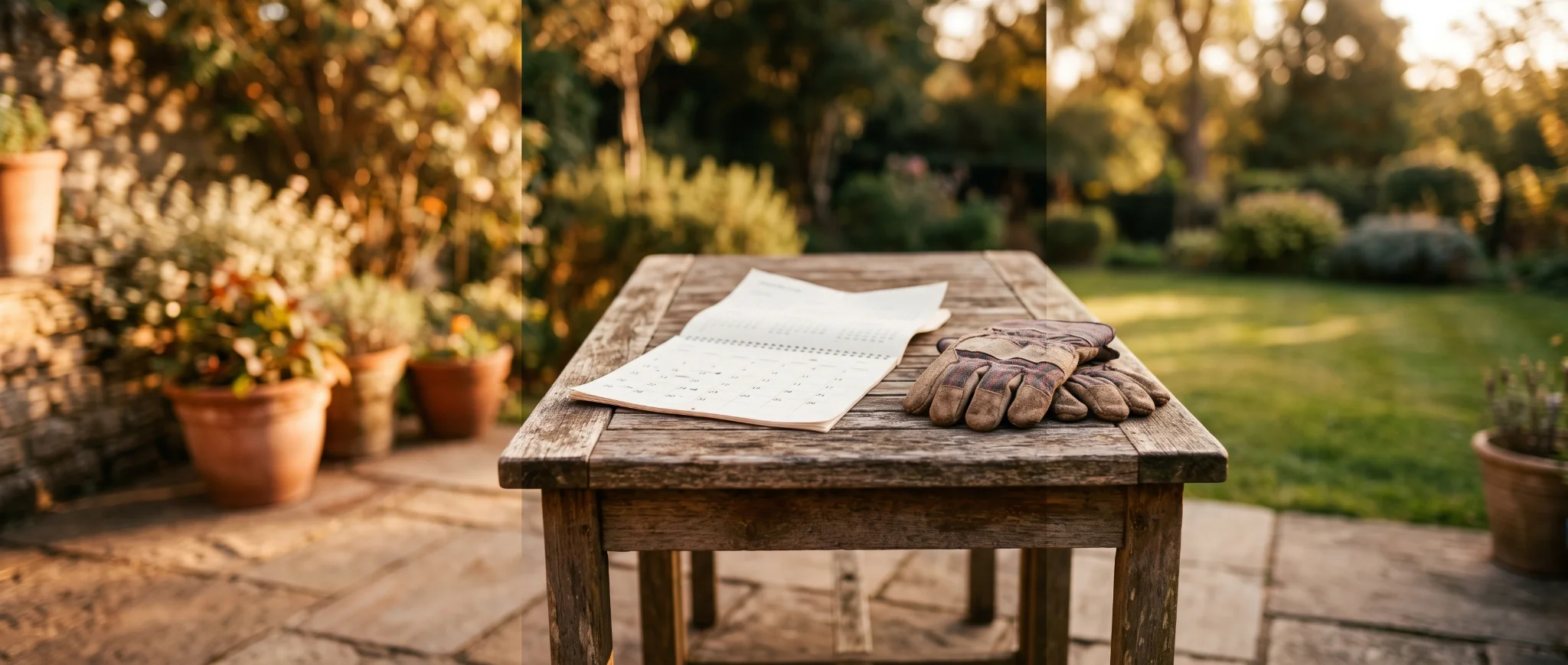 Calendar and work gloves on a patio table weighing weekly service against DIY scooping