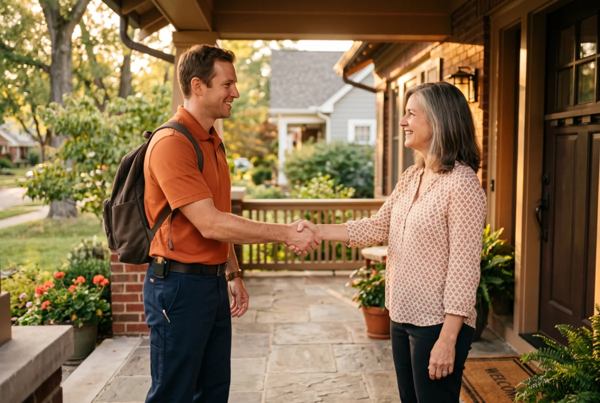 Uniformed pooper scooper technician shaking hands with a homeowner on a suburban front porch