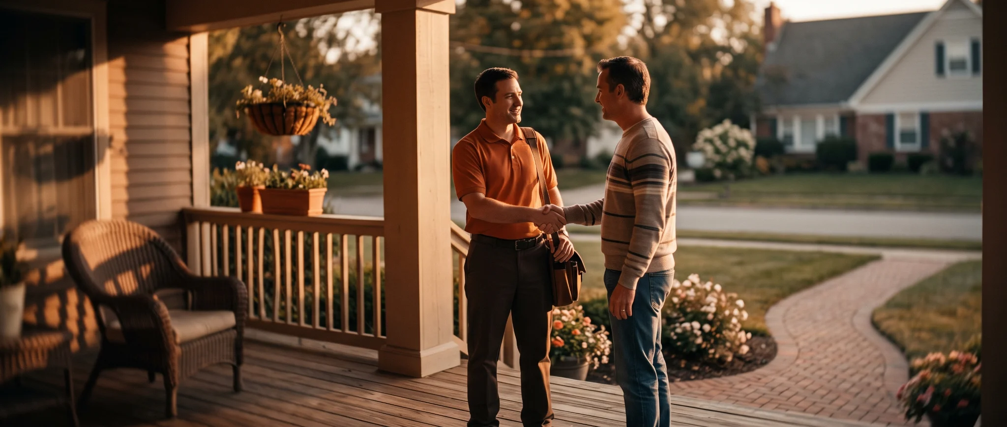 Homeowner shaking hands with a pooper scooper technician while choosing a company