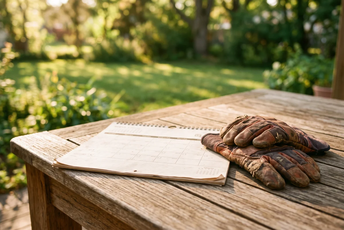 Calendar and work gloves on a patio table comparing weekly scooping service to DIY