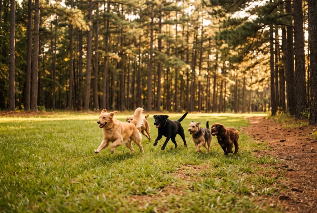 Dogs running across a grassy park under tall pines in The Woodlands, TX
