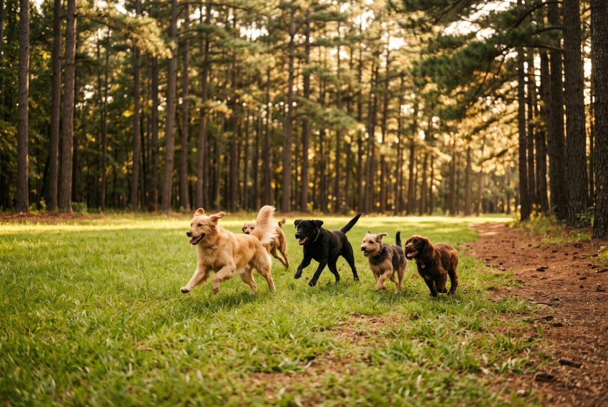 Dogs running across a grassy park under tall pines in The Woodlands, TX