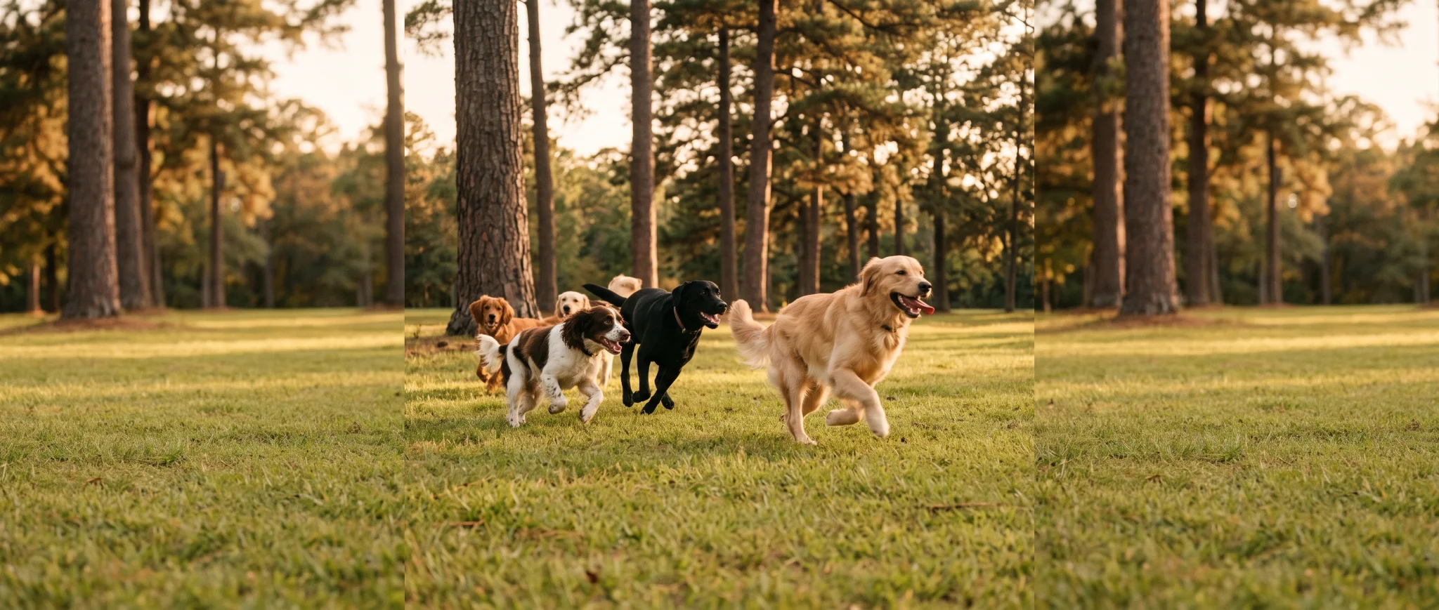 Wide view of dogs running in a Woodlands, TX dog park under tall pines