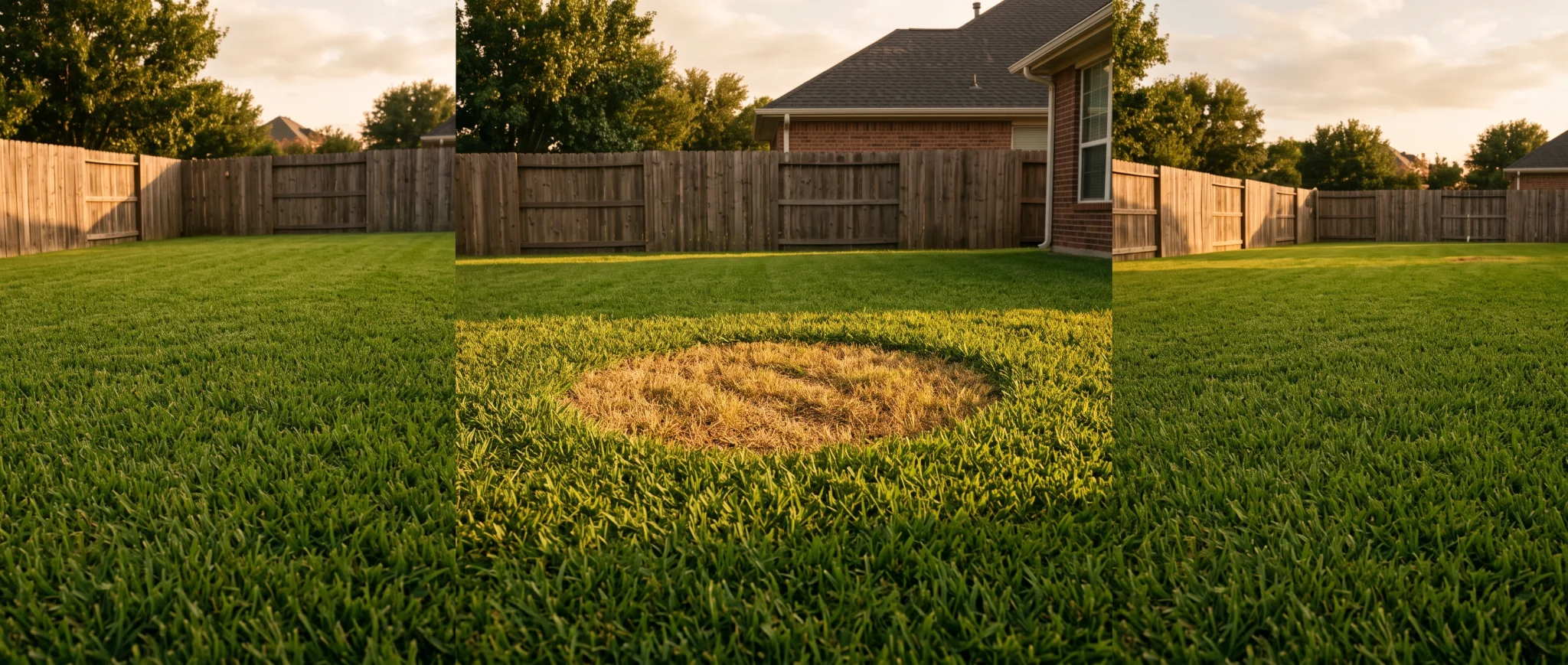 Wide view of a suburban backyard lawn showing a yellow burn patch left by dog waste