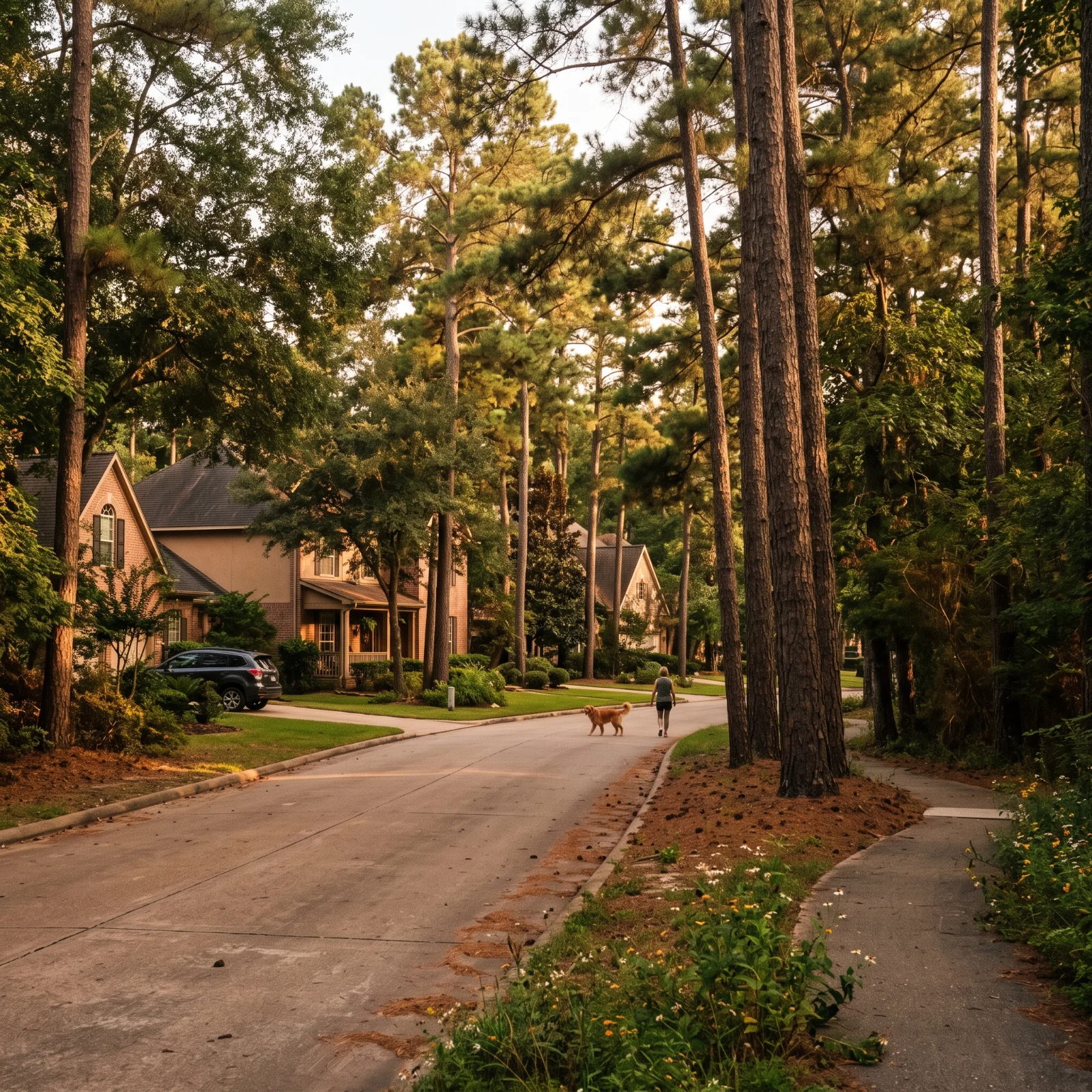 Pine-shaded village street in The Woodlands, TX served by Scoop Snoop dog waste removal