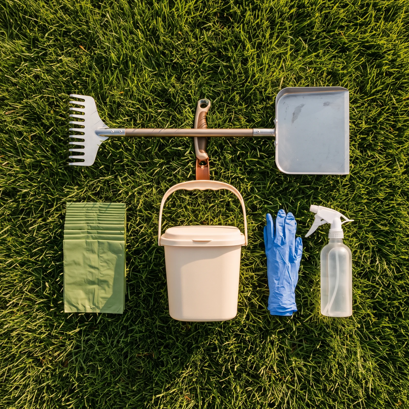 Pooper scooper service equipment laid out on grass: scooper, collection pail, scented waste bags, gloves and sanitizer