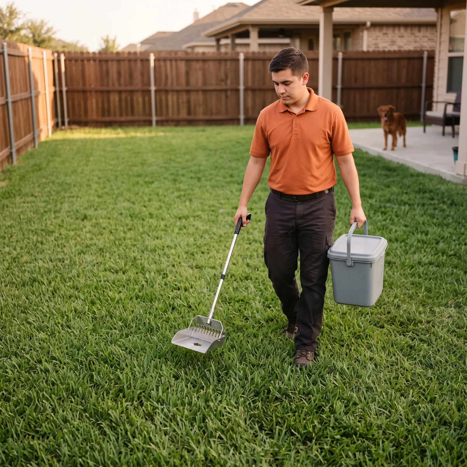 Technician grid-walking a Spring, TX backyard with a pooper scooper during a one-time yard cleanup
