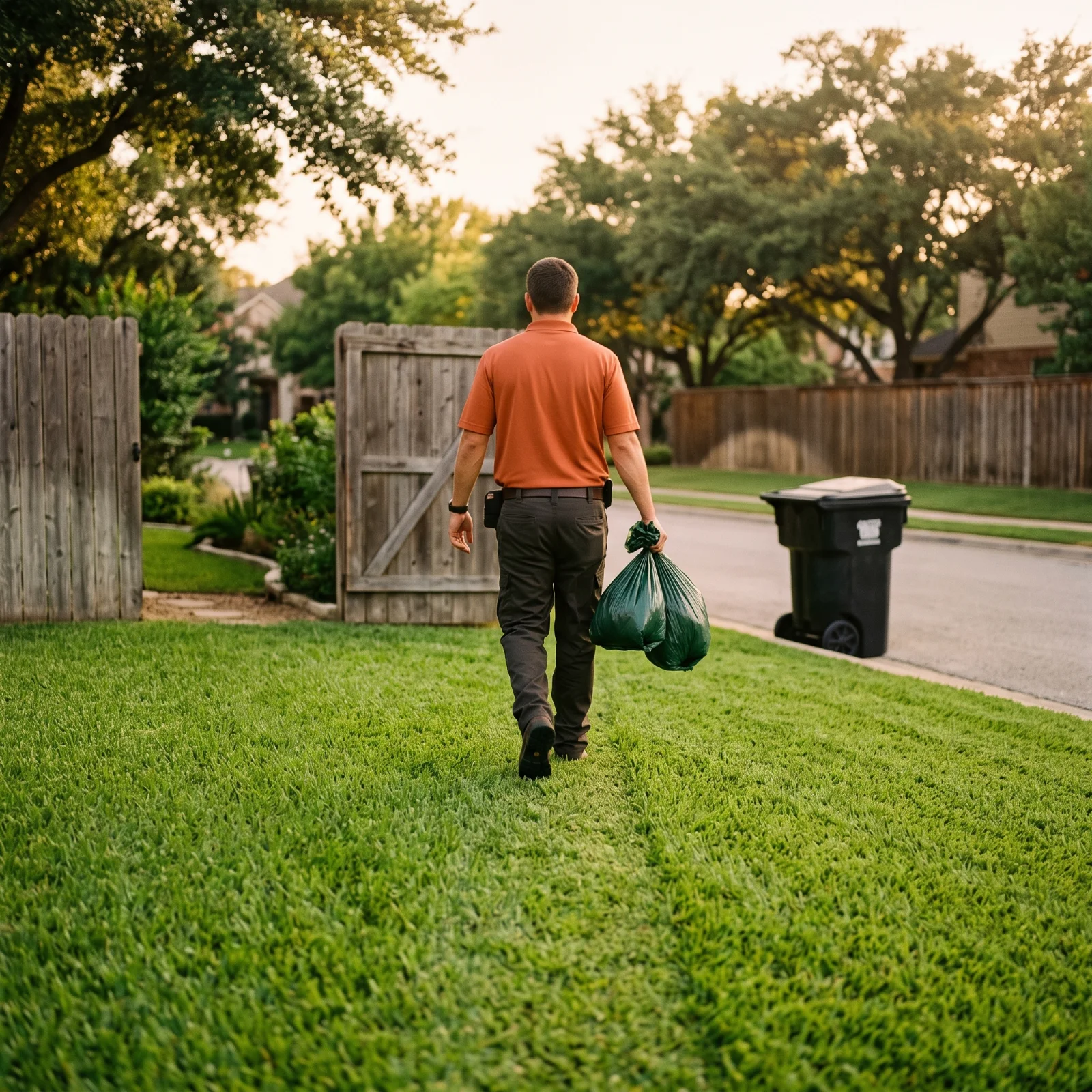 Scoop Snoop technician carrying tied waste bags to the curbside bin after a one-time yard cleanup