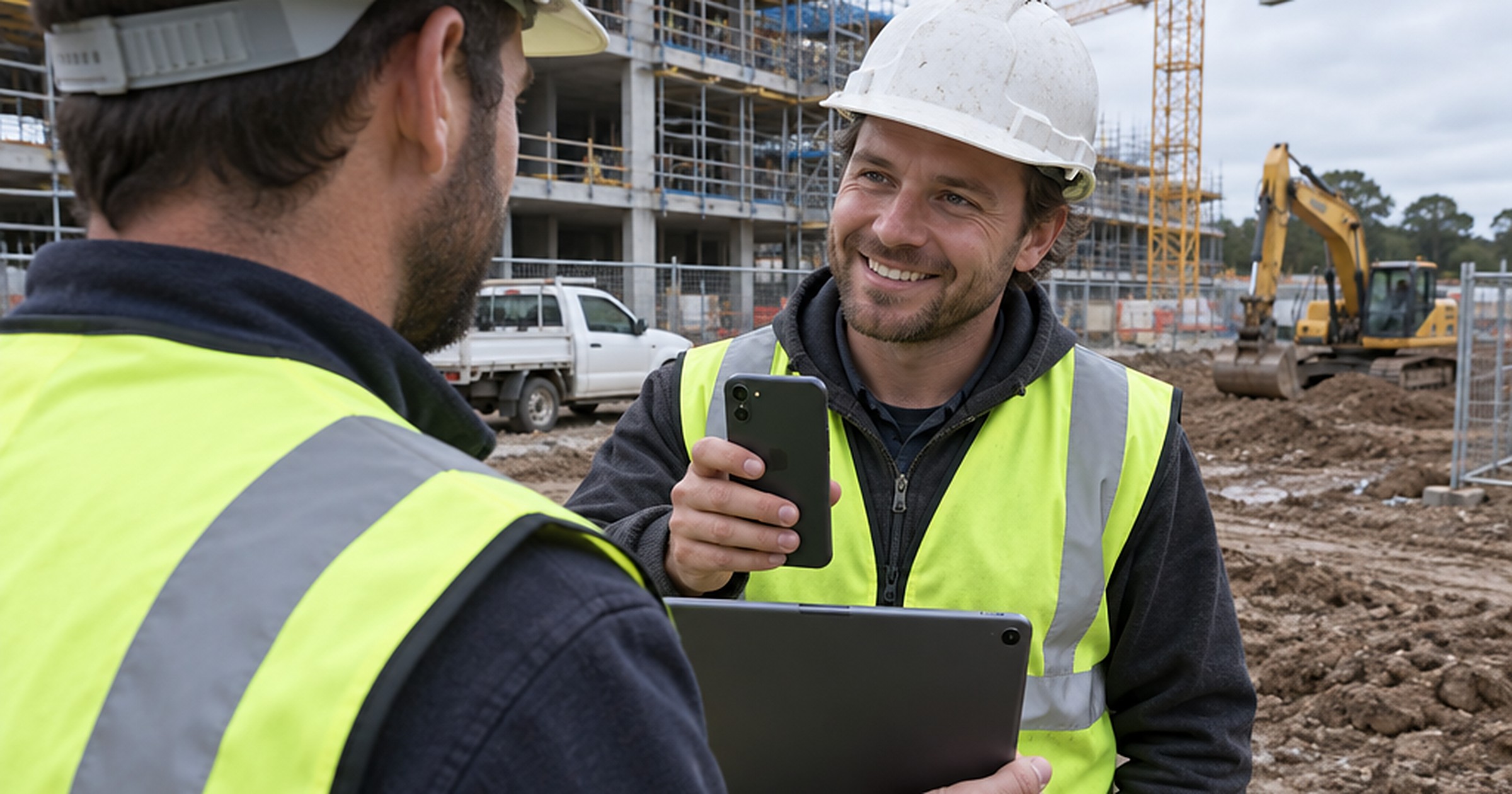 Two workers in hi-vis vests and hard hats on a construction site, one holding a tablet while the other scans it with his phone and smiles.