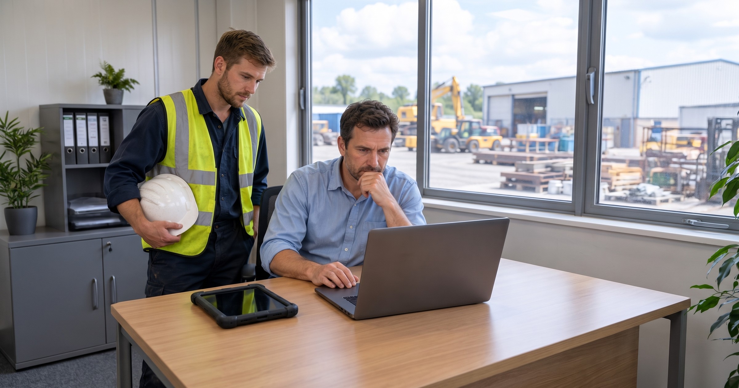 A manager reviewing a form on his laptop at a desk while a worker in a hi-vis vest, hard hat under his arm, waits beside him for the go-ahead.