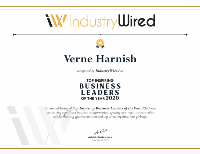 IndustryWired award — Verne Harnish, Top Inspiring Business Leaders of the Year 2020