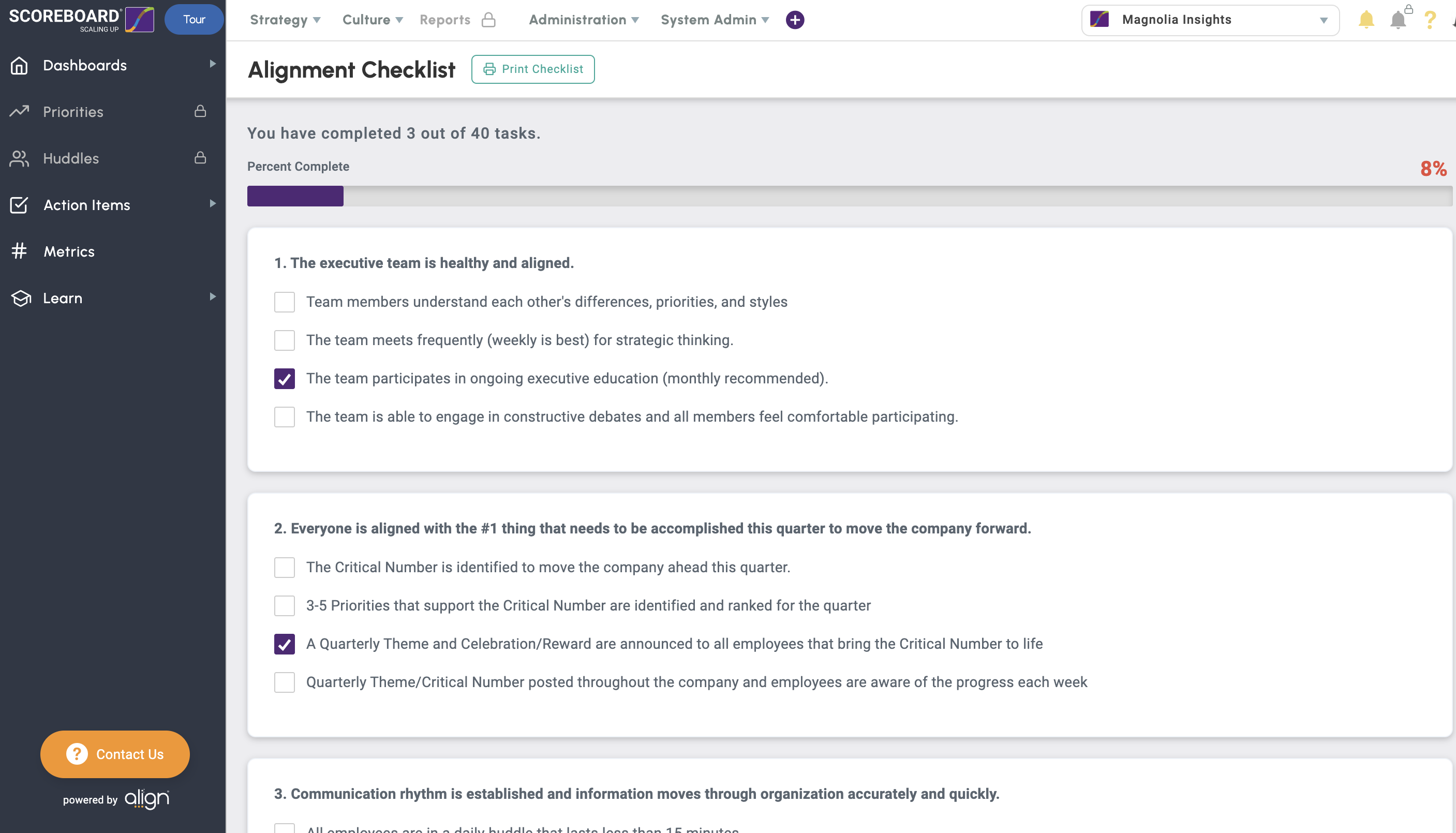 Rockefeller Habits alignment checklist in Scoreboard Insights