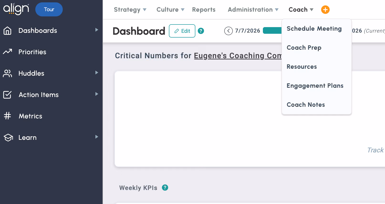The Coach menu in Align, open in the top nav, showing Schedule Meeting, Coach Prep, Resources, Engagement Plans, and Coach Notes